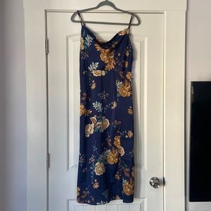 Stunning navy and gold floral satin dress - L NWT
